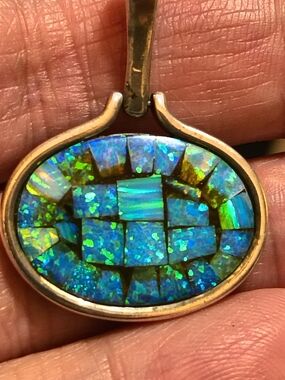 Vintage Sterling & Natural Lighting Ridge Blue Opal Mosaic Pendant Signed